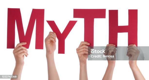 People Hands Holding Word Myth Isolated Background Stock Photo - Download Image Now