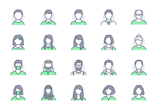 사람 아바타 라인 아이콘입니다. 벡터 일러스트는 사용자 프로필에 대한 남자, 여성, 무슬림, 수석, 성인 및 젊은 인간의 개요 그림으로 아이콘을 포함. 편집 가능한 스트로크, 녹색 - 남자 일러스트 stock illustrations