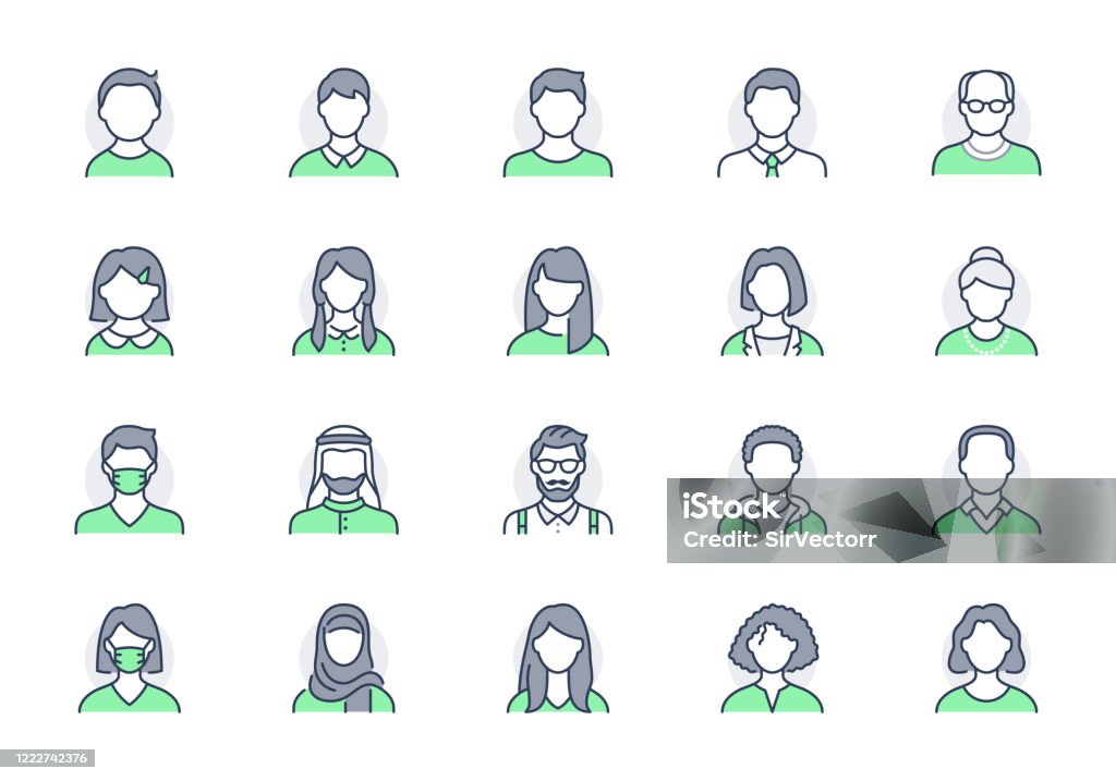 People avatar line icons. Vector illustration included icon as man, female, muslim, senior, adult and young human outline pictogram for user profile. Editable Stroke, Green Color People avatar line icons. Vector illustration included icon as man, female, muslim, senior, adult and young human outline pictogram for user profile. Editable Stroke, Green Color. Icon stock vector
