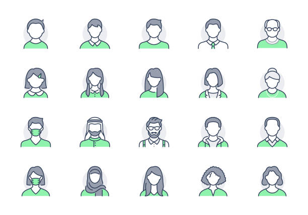 People avatar line icons. Vector illustration included icon as man, female, muslim, senior, adult and young human outline pictogram for user profile. Editable Stroke, Green Color People avatar line icons. Vector illustration included icon as man, female, muslim, senior, adult and young human outline pictogram for user profile. Editable Stroke, Green Color. avatar symbols stock illustrations