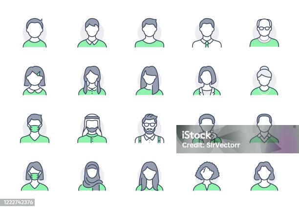 People Avatar Line Icons Vector Illustration Included Icon As Man Female Muslim Senior Adult And Young Human Outline Pictogram For User Profile Editable Stroke Green Color Stock Illustration - Download Image Now