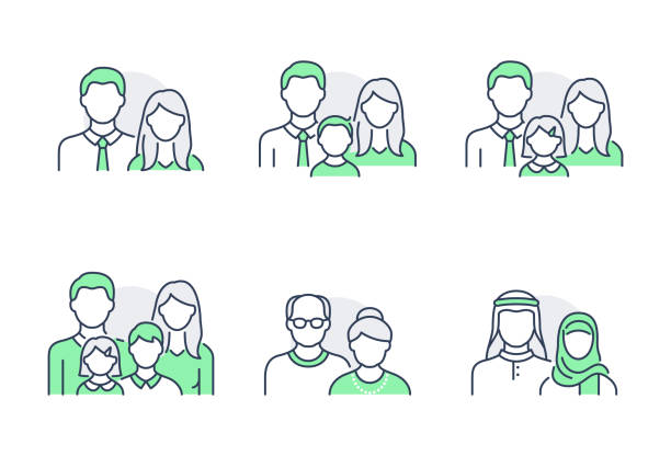 People avatar flat icons. Vector illustration included icon as man, female head, muslim, senior, familes and couples human face outline pictogram for user profile. Editable Stroke. green color People avatar flat icons. Vector illustration included icon as man, female head, muslim, senior, familes and couples human face outline pictogram for user profile. Editable Stroke. green color. couple relationship illustrations stock illustrations