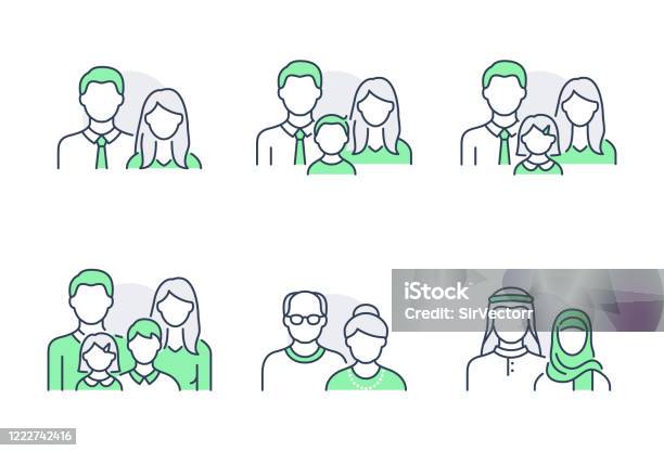 People Avatar Flat Icons Vector Illustration Included Icon As Man Female Head Muslim Senior Familes And Couples Human Face Outline Pictogram For User Profile Editable Stroke Green Color Stock Illustration - Download Image Now