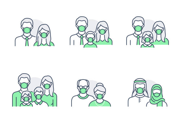 People avatar flat icons. Vector illustration included icon as man, female head, muslim, senior, familes and couples in mask human face outline pictogram for user profile. Editable Stroke, green color People avatar flat icons. Vector illustration included icon as man, female head, muslim, senior, familes and couples in mask human face outline pictogram for user profile. Editable Stroke green color. modest clothing stock illustrations
