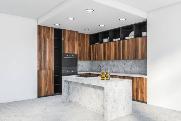 istock White and wooden kitchen corner with island 1222742492