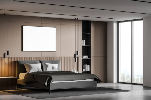 istock Beige bedroom corner with poster and window 1222742542