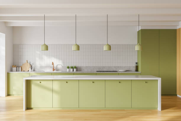 istock White and green kitchen interior with island 1222742651