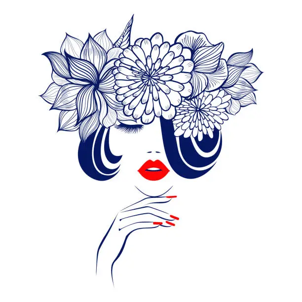 Vector illustration of Beautiful sexy woman face, red lips, hairstyle, fashion hairdresser, diadem flowers, element design, abstract flowers, spa salon.  Beauty Logo. Vector illustration. Isolated on white.