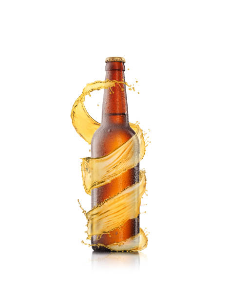 Spiral beer's splash around brown bottle on a white background.