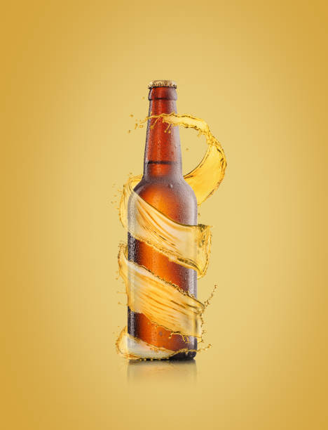 istock Beer bottle with water drops and spiral splash around bottle. 1222743770
