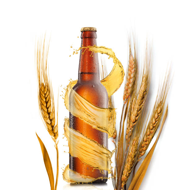 istock Beer bottle with water drops and wheat ears on a white background. 1222743775