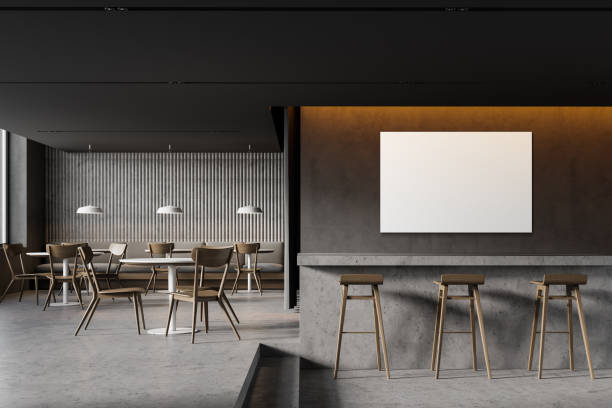 istock Stylish gray pub interior with sofa and poster 1222743962