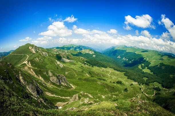 Beautiful view on hiking trails in the mountain range. Mountain trail. Hiking in highlands. Trekking