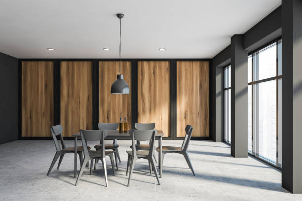 istock Gray and wooden dining room interior 1222745656