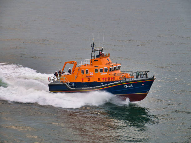 Eastbourne, UK - Aug 19, 2022:Royal National Lifeboat Institution (RNLI)  team at the Eastbourne airshow 2022.