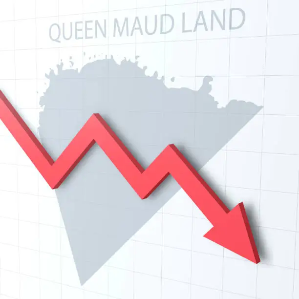 Vector illustration of Falling red arrow with the Queen Maud Land map on the background