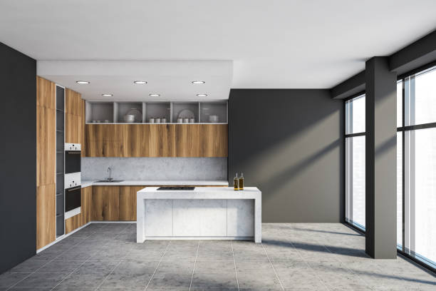 istock Grey and wooden kitchen with island 1222746204