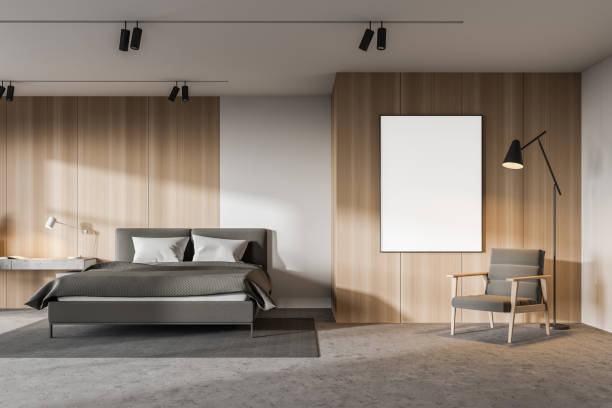 istock White and wooden master bedroom with poster 1222746244