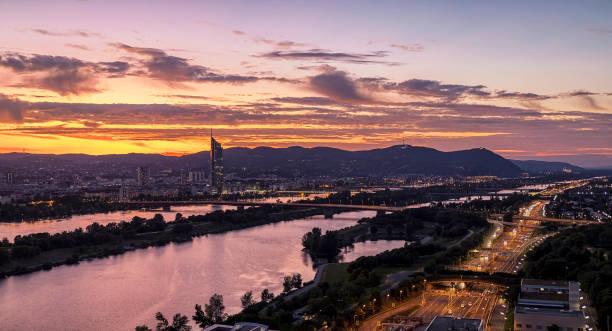 istock Vienna at sunset with the Danube River and the extensive public recreation area called Danube Island 1222747485