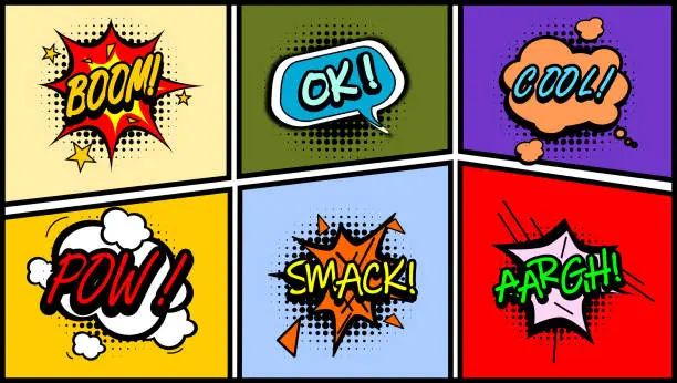 Vector illustration of Comics page with comic book sounds on a grid frame, colorful backgrounds.