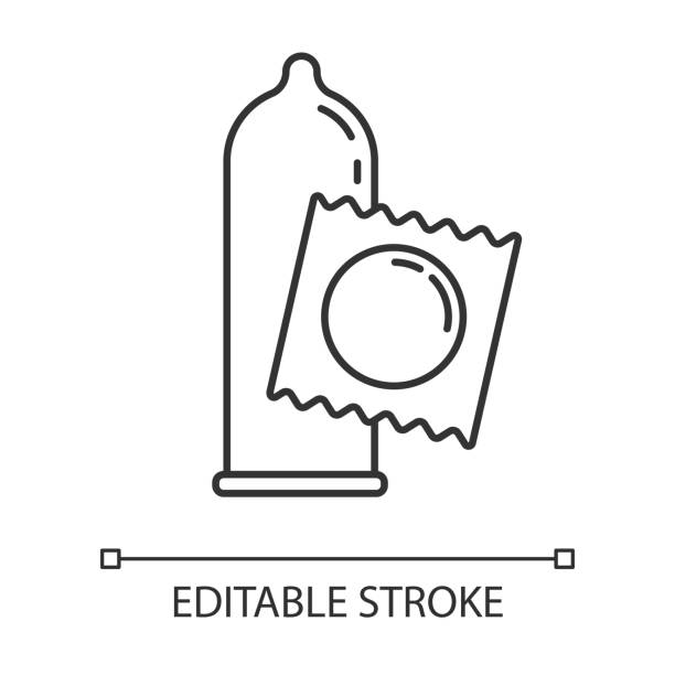 ikona liniowa prezerwatywy. kobieta, mężczyzna contraceprive dla bezpiecznego seksu. ochrona przed atakami aid. zapobieganie ciąży. cienka ilustracja linii. symbol konturu. wektor izolowany rysunek konturu. edytowalny obrys - hiv aids condom sex stock illustrations