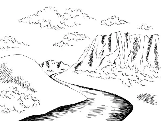 Vector illustration of Plateau tableland mountain river graphic black white landscape sketch illustration vector