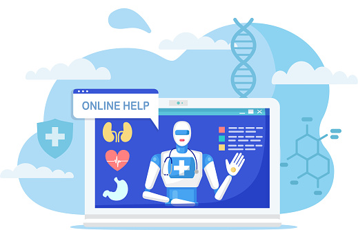 Online medicine concept vector illustration. Cartoon flat robot character on computer screen advising treatment using video chat app, virtual doctor consultation service. Digital healthcare technology