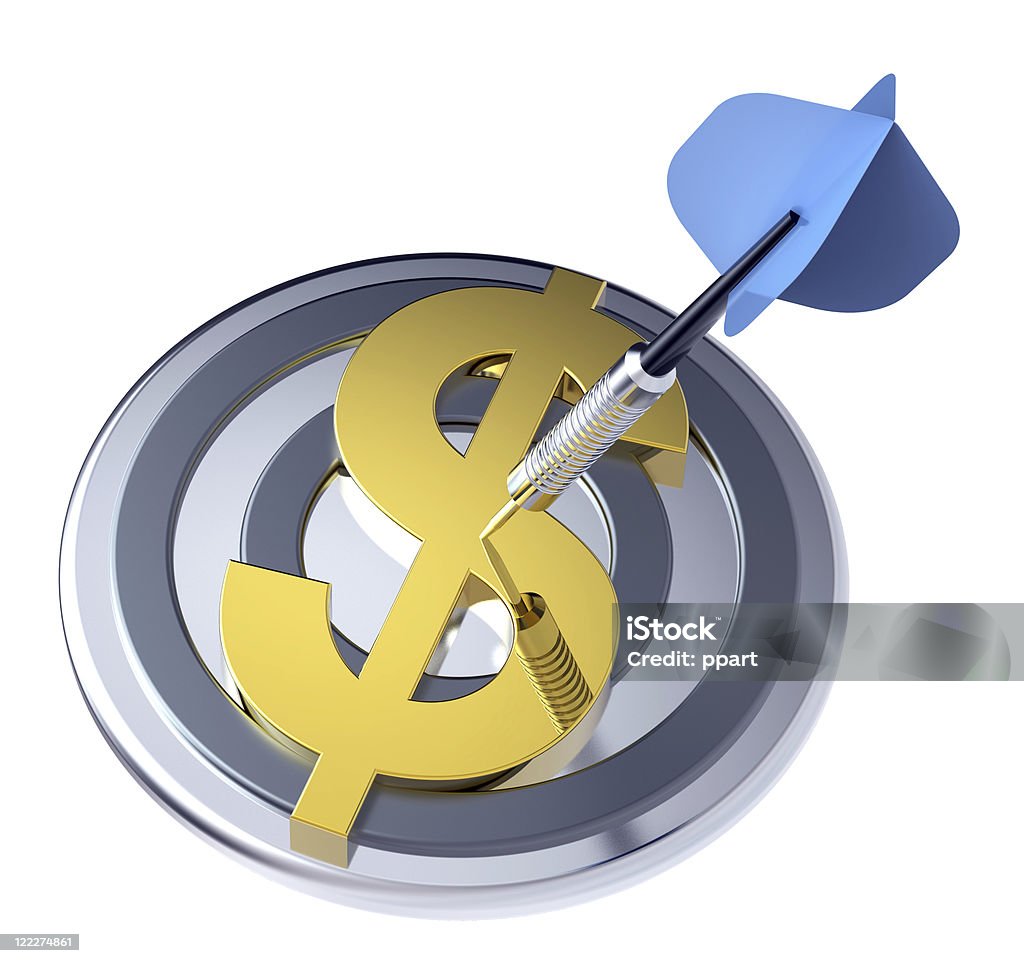 Blue dart in the target with dollar sign on it.  Accuracy Stock Photo