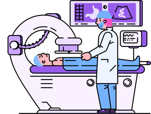 Vector illustration of Patient visit doctor vector illustration, cartoon line flat man character doing medical diagnostic checkup on Mri or Xray scanning machine