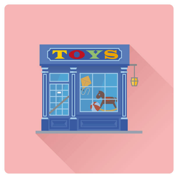 Old toys store building facade flat design vector illustration Flat design long shadow vintage toy store building vector illustration, Shop facade with colorful sign and toys in window toy store stock illustrations
