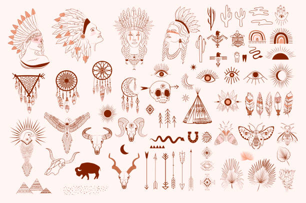 illustrazioni stock, clip art, cartoni animati e icone di tendenza di collezione di elementi boho e tribali, ritratto del viso della donna, acchiappasogni, uccelli, teschio di animali, elementi esoterici, insetti e piante. - indian symbol