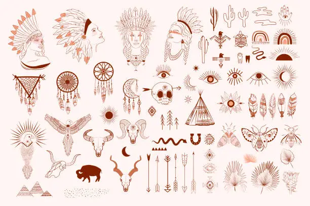 Vector illustration of Collection of boho and tribal elements, woman face portrait, dreamcatcher, birds, animals skull, esoteric elements, insect and plants.