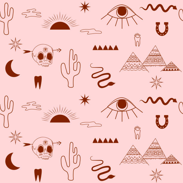 ilustraciones, imágenes clip art, dibujos animados e iconos de stock de patrón sin costuras con elementos bohemios, mal de ojo, cráneo, serpiente, cactus, objetos tribales, sol. - horseshoe seamless backgrounds vector