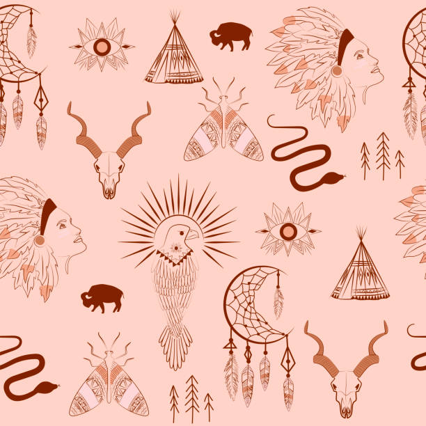 nahtloses muster mit böhmischen elementen - tattoo women human face aztec stock-grafiken, -clipart, -cartoons und -symbole