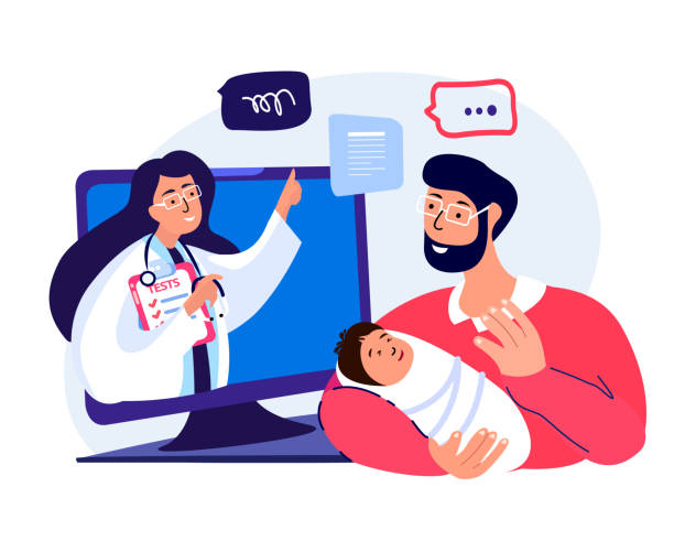 illustrations, cliparts, dessins animés et icônes de consultation pédiatre sur video.young adult caring father dundle kid baby child.online doctor conversation.coronavirus epidemic quarantine.internet laptop.home consultation.flat vector illustration - patient hospital doctor nurse