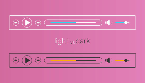 ilustrações de stock, clip art, desenhos animados e ícones de audio player mockup in light and dark mode. media controller interface. template for music ui. web layout in simple linear flat design. audioplayer bar with play, next and sound icons. vector eps 10. - push button audio