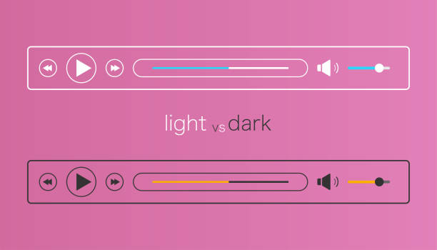 Audio player mockup in light and dark mode. Media controller interface. Template for music ui. Web layout in simple linear flat design. Audioplayer bar with play, next and sound icons. Vector EPS 10. Audio player mockup in light and dark mode. Media controller interface. Template for music ui. Web layout in simple linear flat design. Audioplayer bar with play, next and sound icons. Vector EPS 10 radio borders stock illustrations