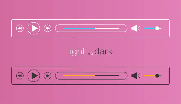 Vector illustration of Audio player mockup in light and dark mode. Media controller interface. Template for music ui. Web layout in simple linear flat design. Audioplayer bar with play, next and sound icons. Vector EPS 10.