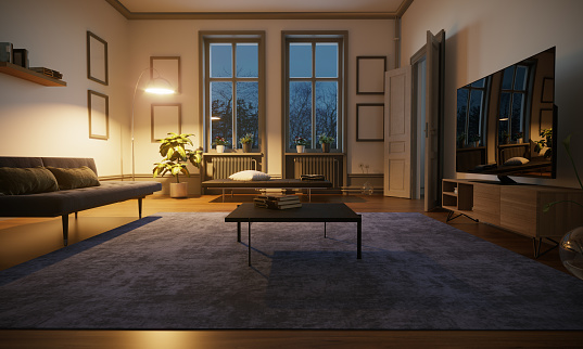Scandinavian style and minimalist designed living room interior scene in the evening. ( 3d render )