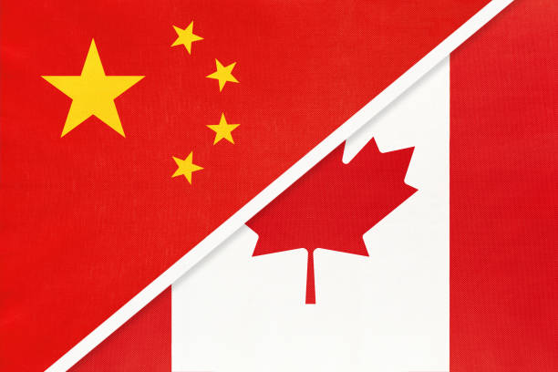 istock China or PRC vs Canada national flag from textile. Relationship between asian and american countries. 1222752058