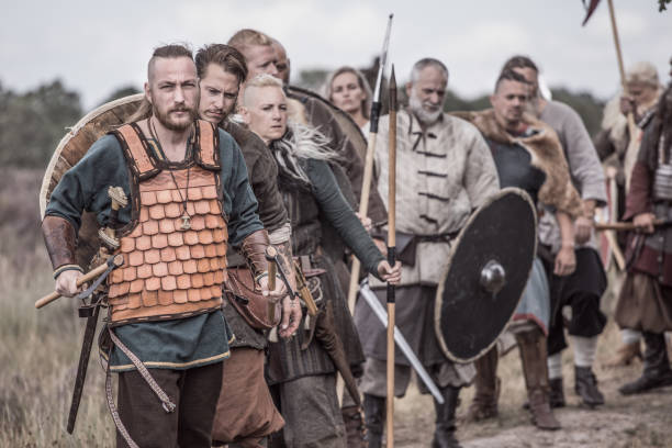 istock Viking warriors outdoors leading a scouting mission 1222752155