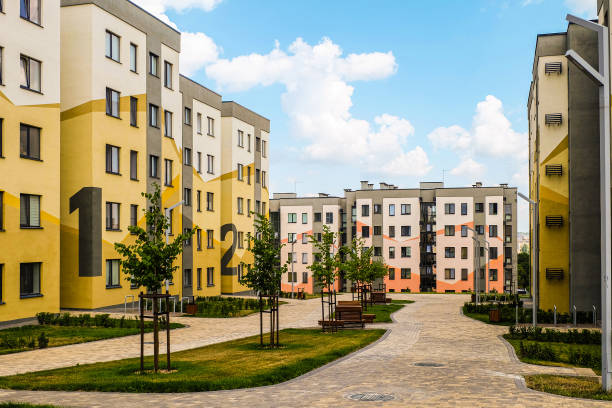 Southwestern residential area of Belgorod, Russia. Belgorod, Russia - July 29, 2019: Southwestern residential area of Belgorod, Russia. Novaya Zhizn (New Life) city district. Residential neighbourhood with typical buildings under a blue cloudy sky. belgorod photos stock pictures, royalty-free photos & images