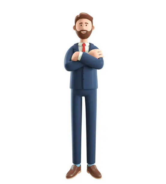 Photo of Portrait of smiling bearded businessman. 3D illustration of cartoon standing male character in suit with hands crossed, isolated on white background.