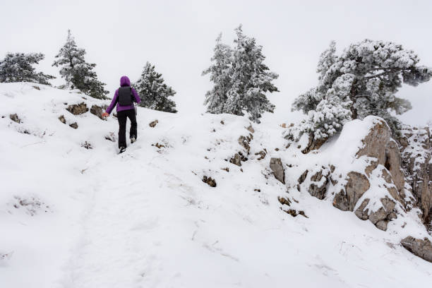 istock Girl with a backpack in the mountains in winter 1222755174