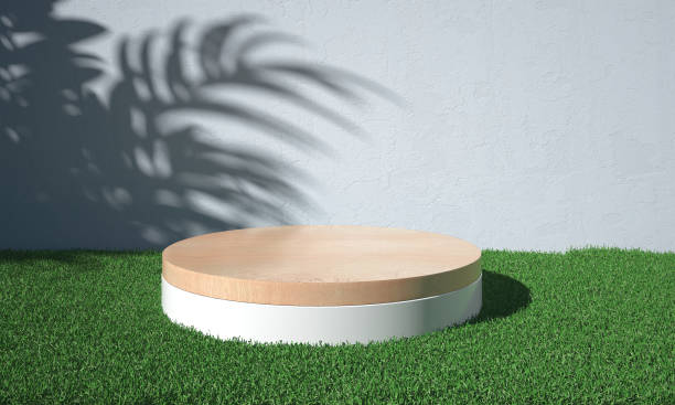 istock wood display platform on green grass. 1222755181