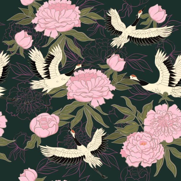 nahtloses muster mit kränen und pfingstrosen. vektorgrafiken. - botany wallpaper pattern wallpaper illustration and painting stock-grafiken, -clipart, -cartoons und -symbole