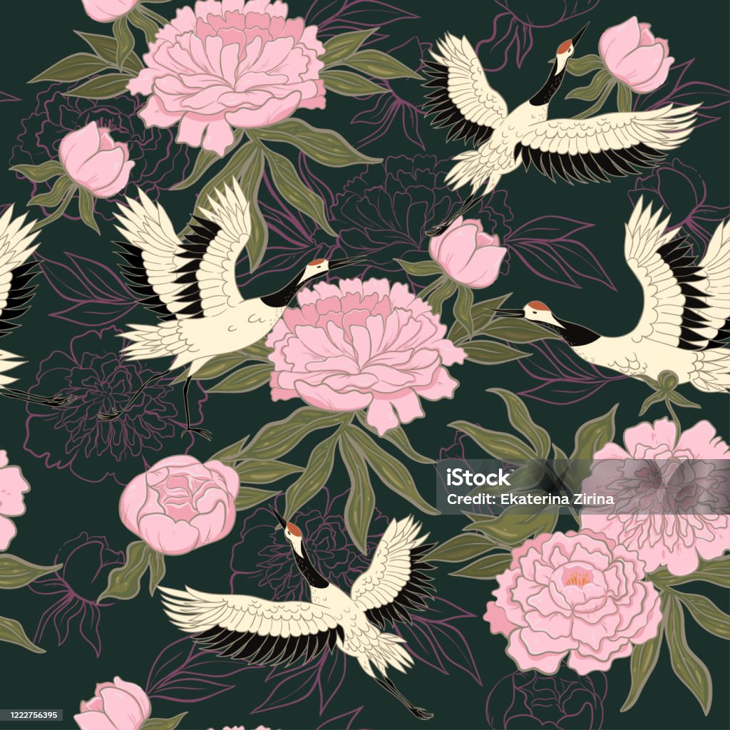 Seamless pattern with cranes and peonies. Vector graphics. Pattern stock vector