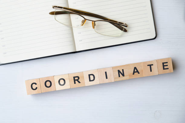 istock Modern business buzzword - coordinate. Top view on wooden table with blocks. Top view. 1222756531