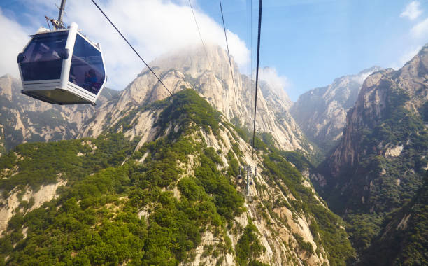 a rota do teleférico até o monte hua vista de gôndola, china. - huangshan mountains - fotografias e filmes do acervo