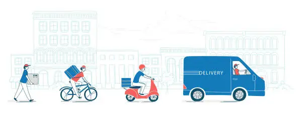 Vector illustration of Couriering goods and food from restaurants. Delivery on foot, by bike, scooter, van.
